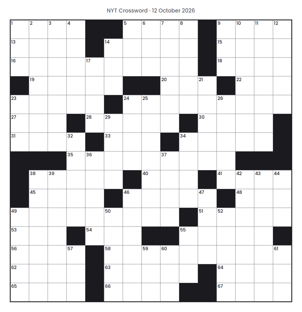 Empty NYT Crossword puzzle grid for 12 October 2026, 15 squares wide and 15 squares high, with answer numbers in their squares and no letters.