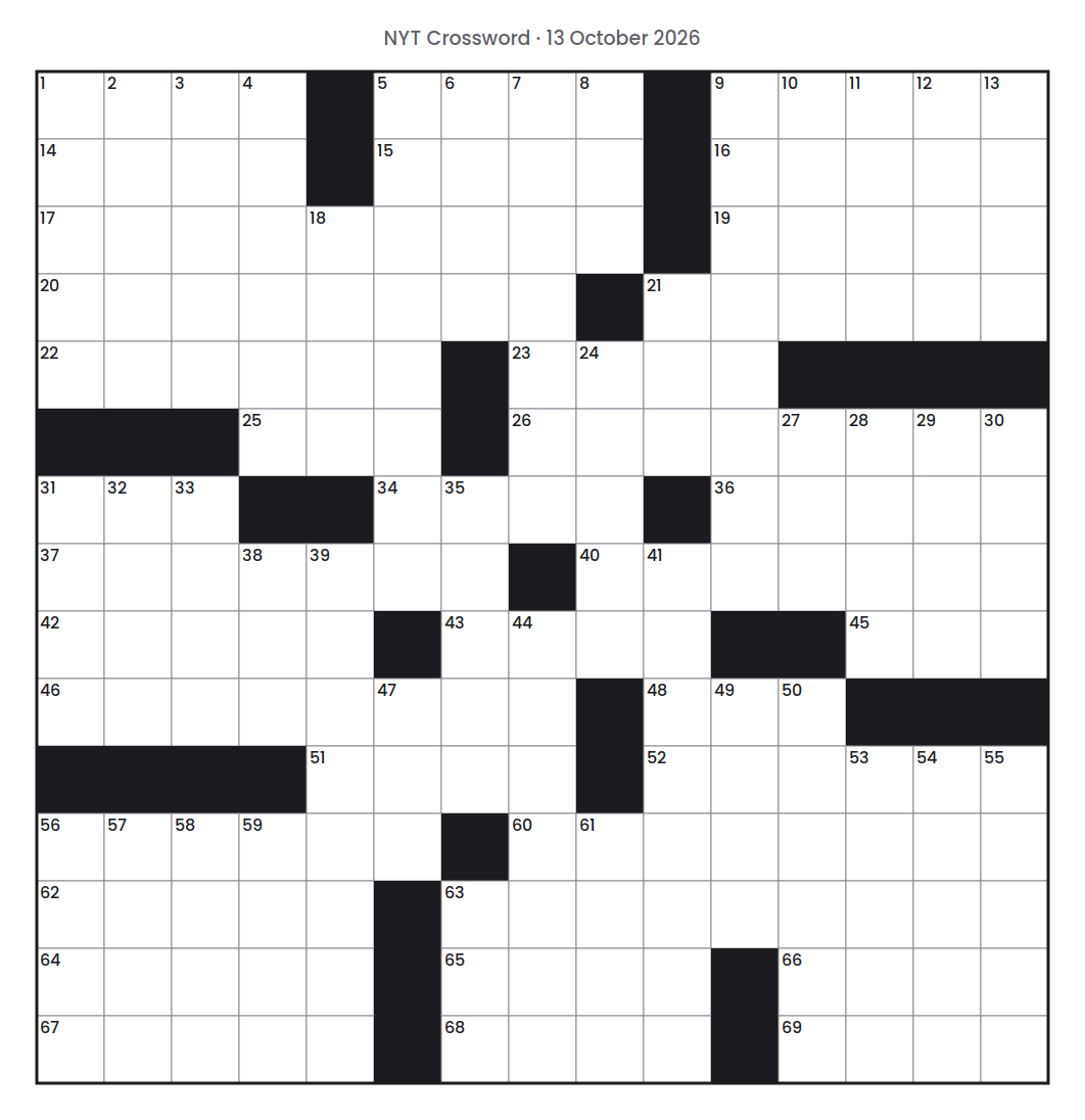 Empty NYT Crossword puzzle grid for 13 October 2026, 15 squares wide and 15 squares high, with answer numbers in their squares and no letters.