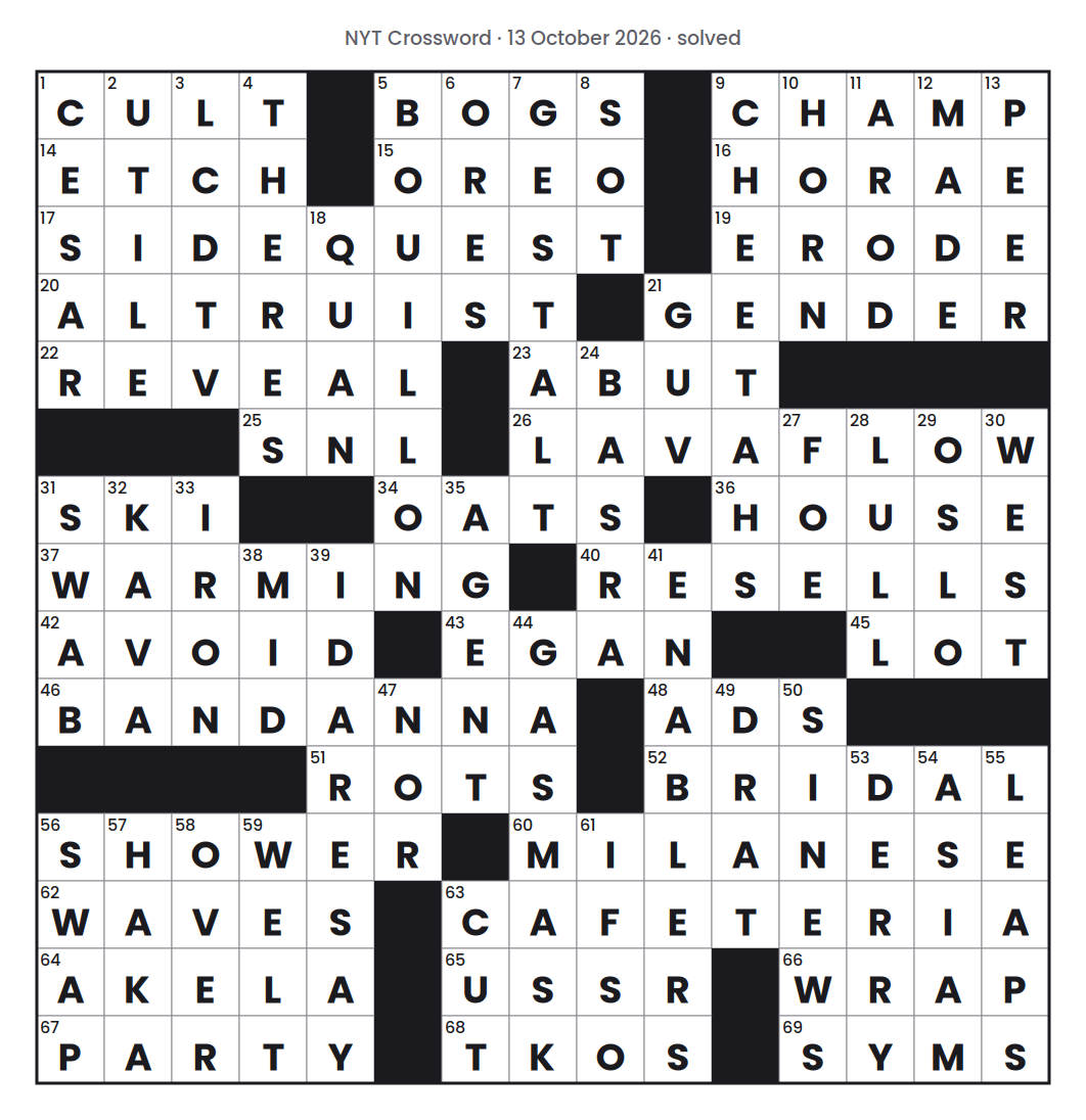 Solved NYT Crossword puzzle grid for 13 October 2026, with every answer filled in.