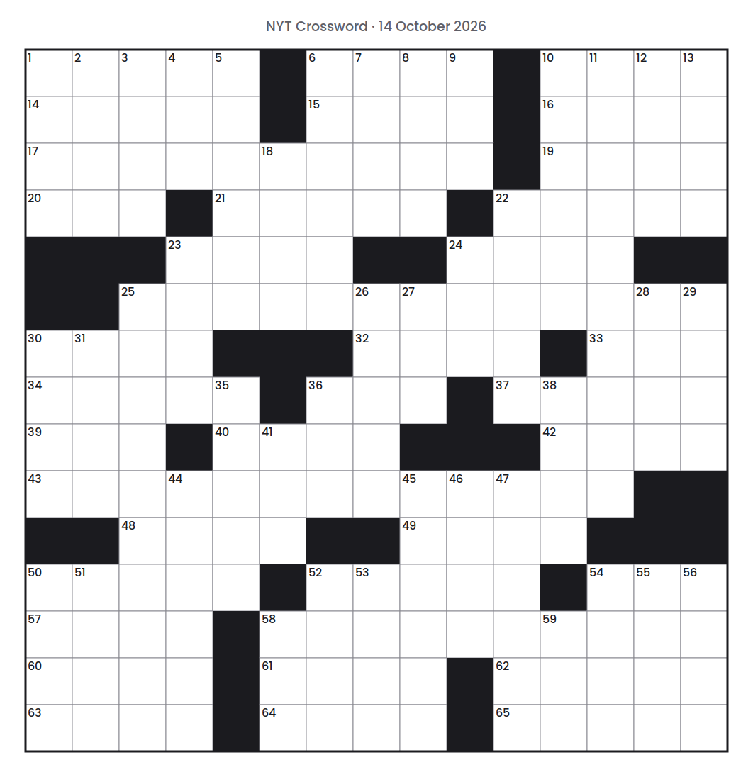 Empty NYT Crossword puzzle grid for 14 October 2026, 15 squares wide and 15 squares high, with answer numbers in their squares and no letters.