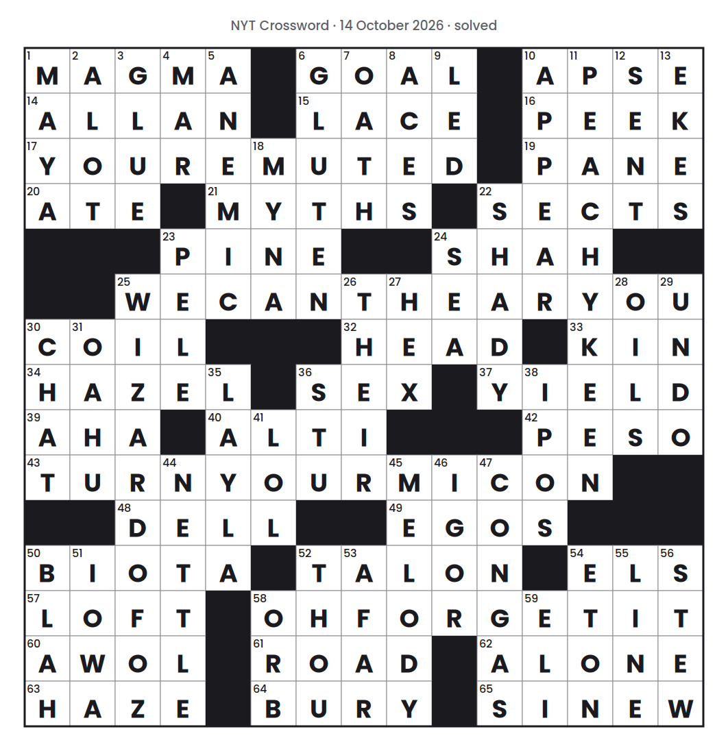 Solved NYT Crossword puzzle grid for 14 October 2026, with every answer filled in.