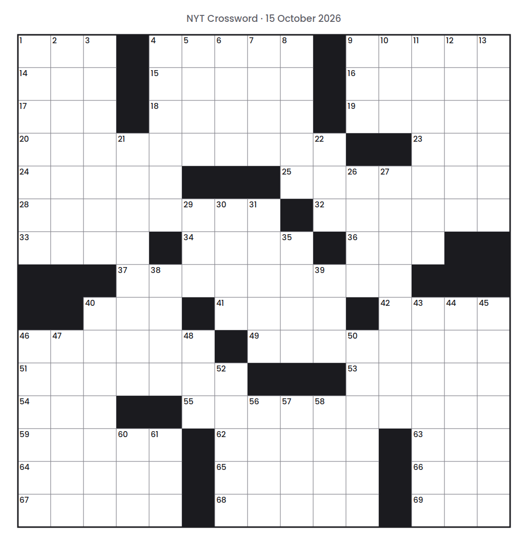 Empty NYT Crossword puzzle grid for 15 October 2026, 15 squares wide and 15 squares high, with answer numbers in their squares and no letters.