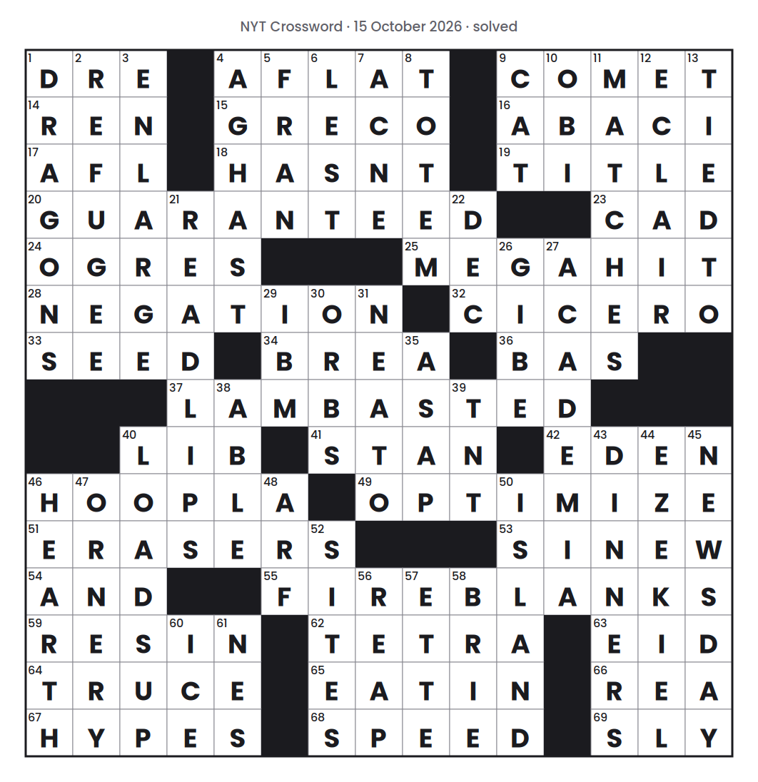 Solved NYT Crossword puzzle grid for 15 October 2026, with every answer filled in.