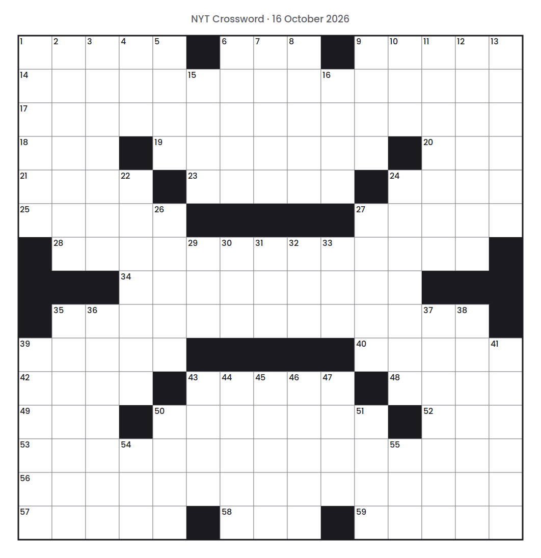 Empty NYT Crossword puzzle grid for 16 October 2026, 15 squares wide and 15 squares high, with answer numbers in their squares and no letters.