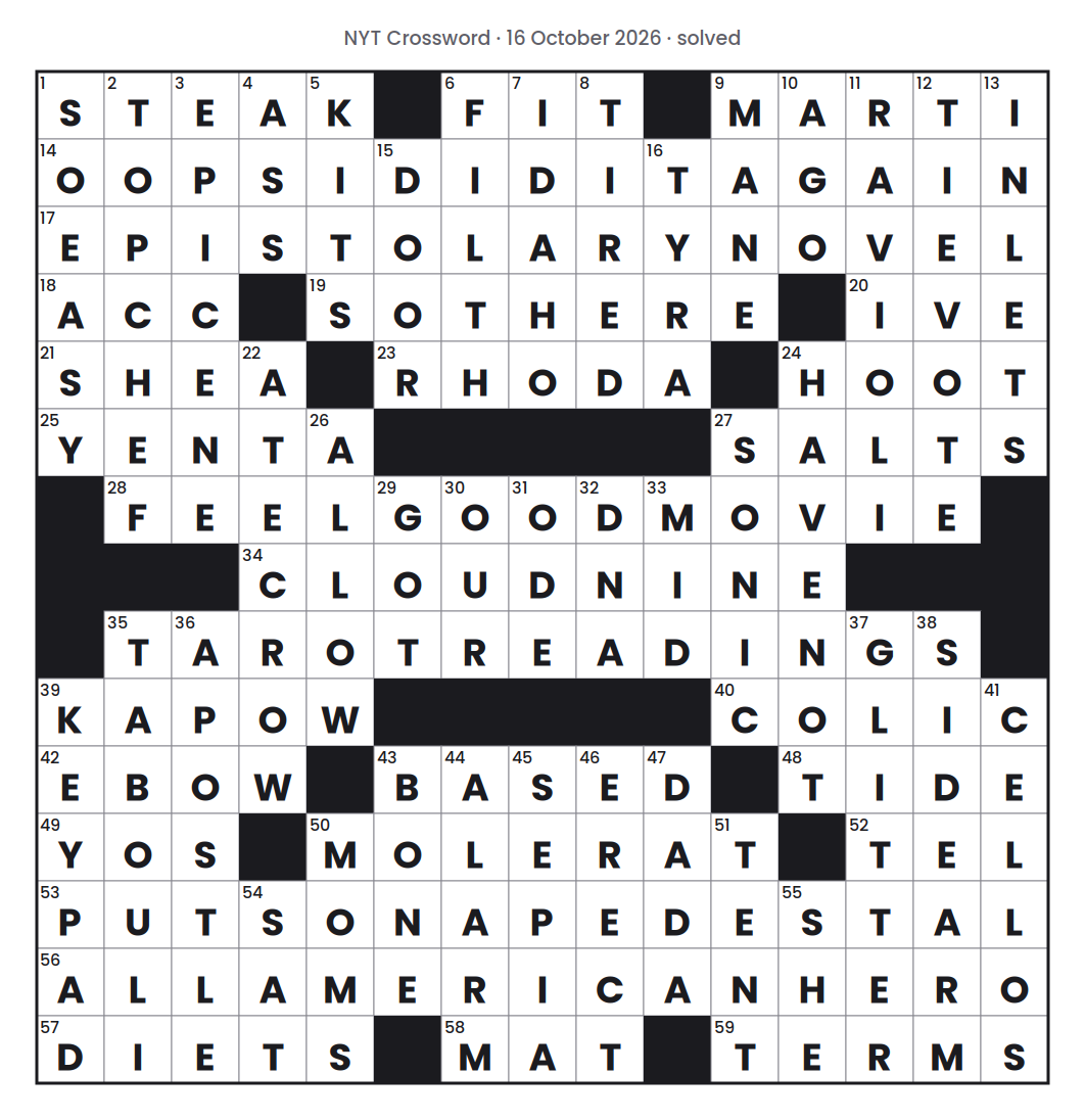 Solved NYT Crossword puzzle grid for 16 October 2026, with every answer filled in.