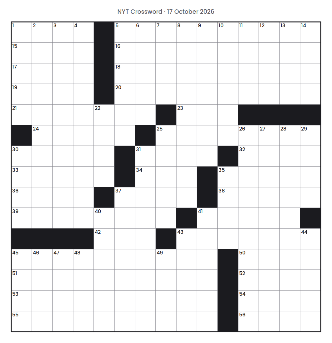 Empty NYT Crossword puzzle grid for 17 October 2026, 15 squares wide and 15 squares high, with answer numbers in their squares and no letters.