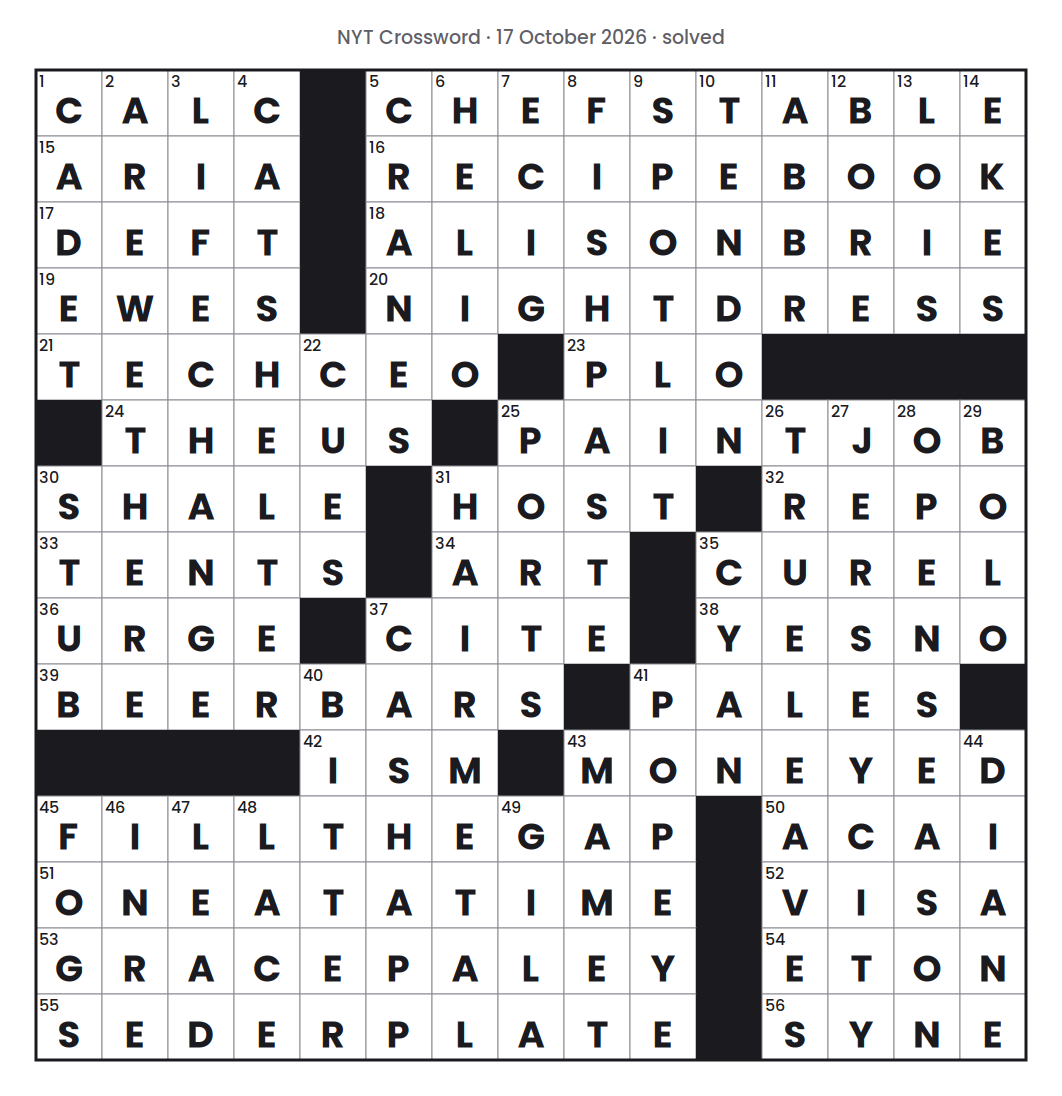 Solved NYT Crossword puzzle grid for 17 October 2026, with every answer filled in.