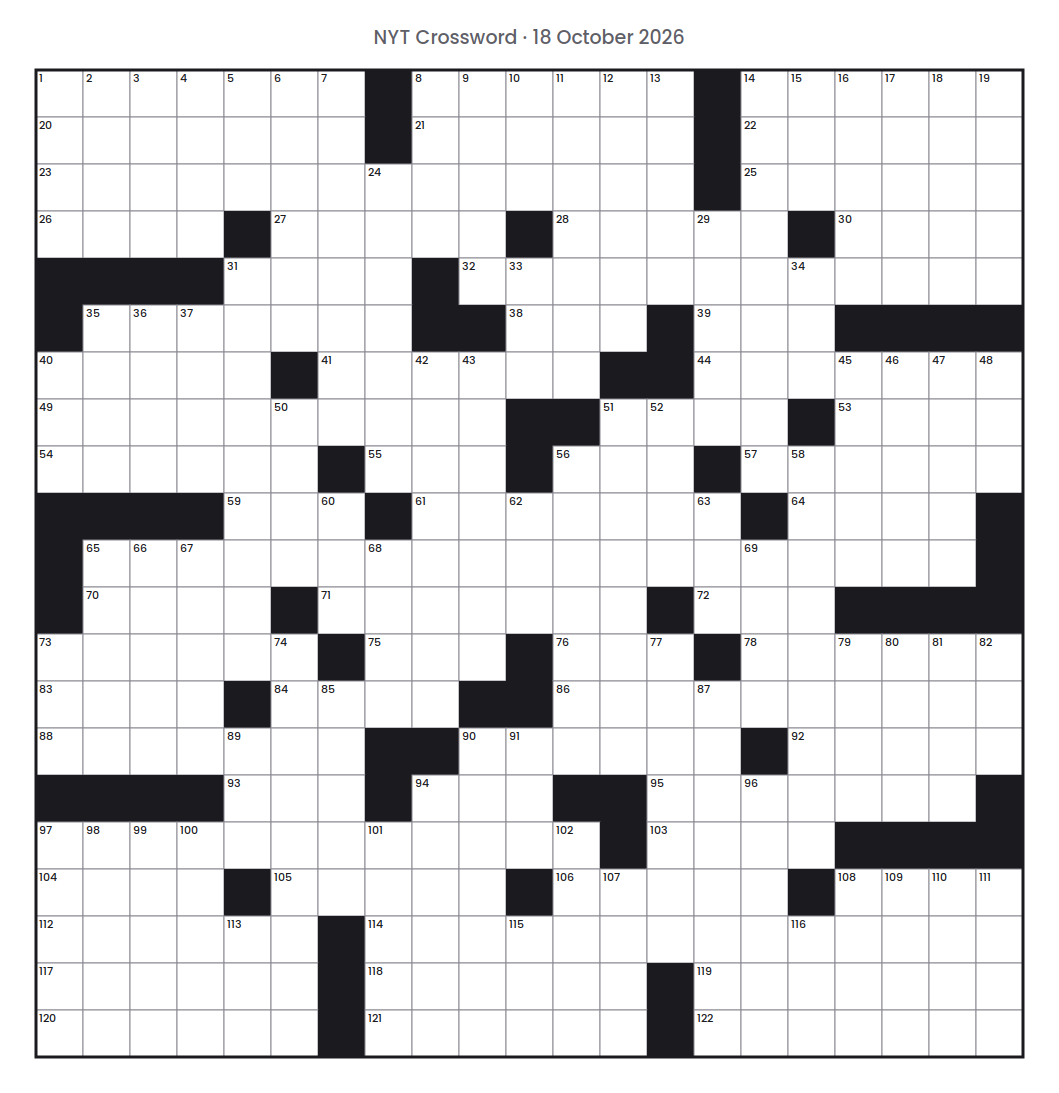Empty NYT Crossword puzzle grid for 18 October 2026, 21 squares wide and 21 squares high, with answer numbers in their squares and no letters.