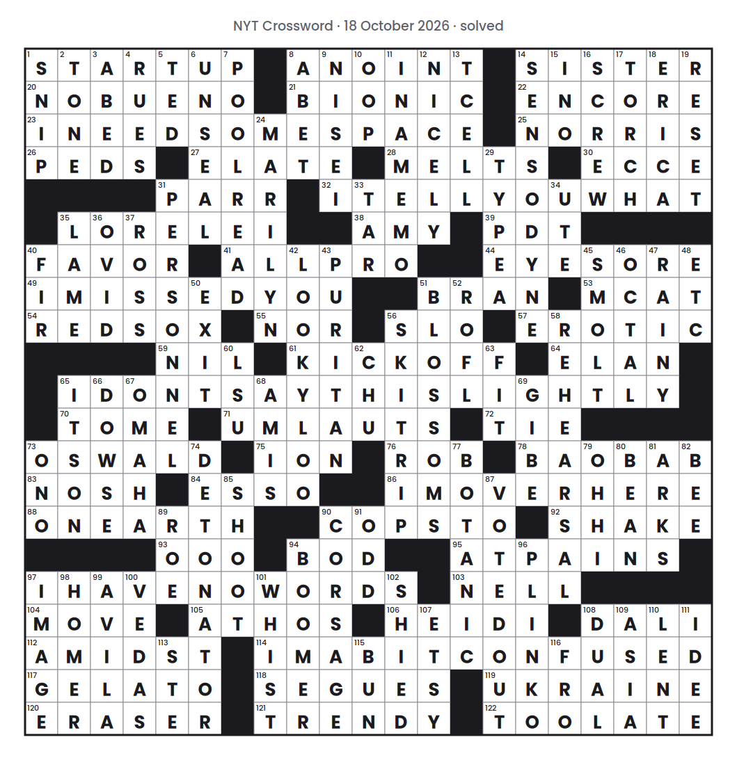 Solved NYT Crossword puzzle grid for 18 October 2026, with every answer filled in.