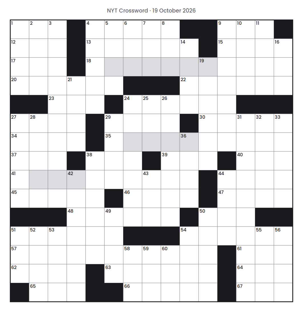 Empty NYT Crossword puzzle grid for 19 October 2026, 15 squares wide and 15 squares high, with answer numbers in their squares and no letters.