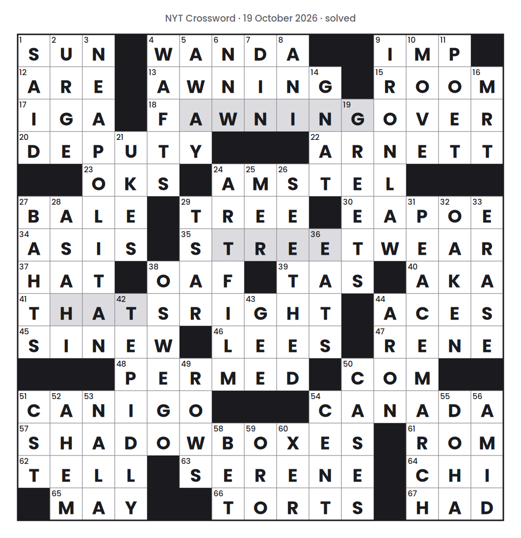 Solved NYT Crossword puzzle grid for 19 October 2026, with every answer filled in.