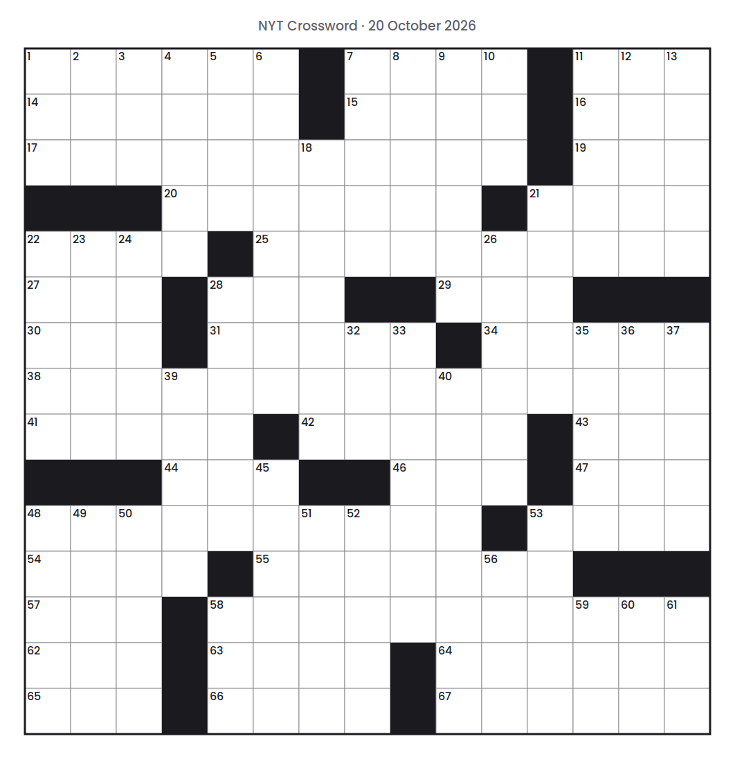 Empty NYT Crossword puzzle grid for 20 October 2026, 15 squares wide and 15 squares high, with answer numbers in their squares and no letters.