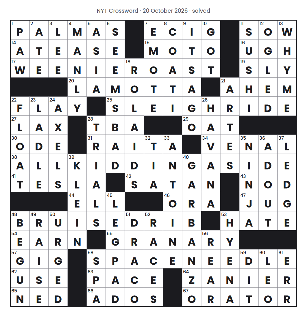 Solved NYT Crossword puzzle grid for 20 October 2026, with every answer filled in.