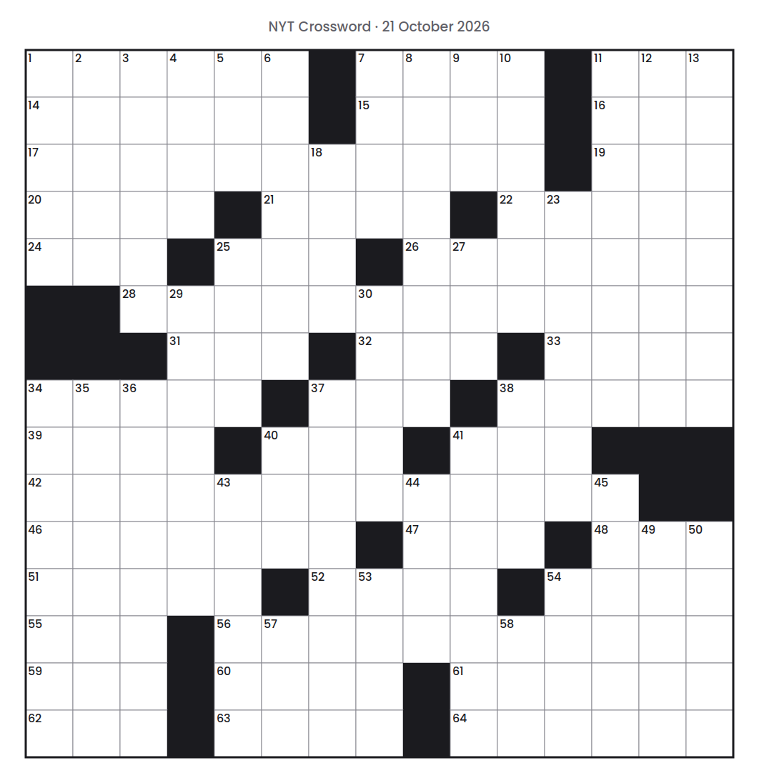 Empty NYT Crossword puzzle grid for 21 October 2026, 15 squares wide and 15 squares high, with answer numbers in their squares and no letters.