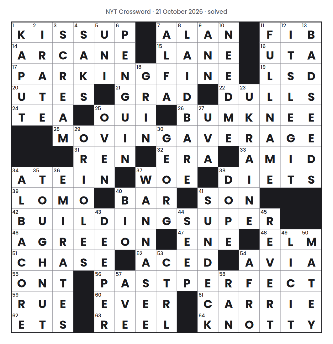 Solved NYT Crossword puzzle grid for 21 October 2026, with every answer filled in.