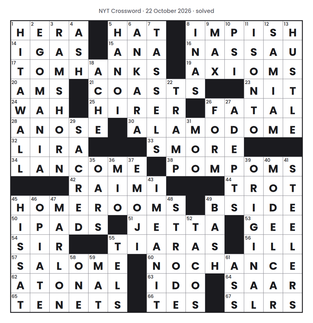 Solved NYT Crossword puzzle grid for 22 October 2026, with every answer filled in.