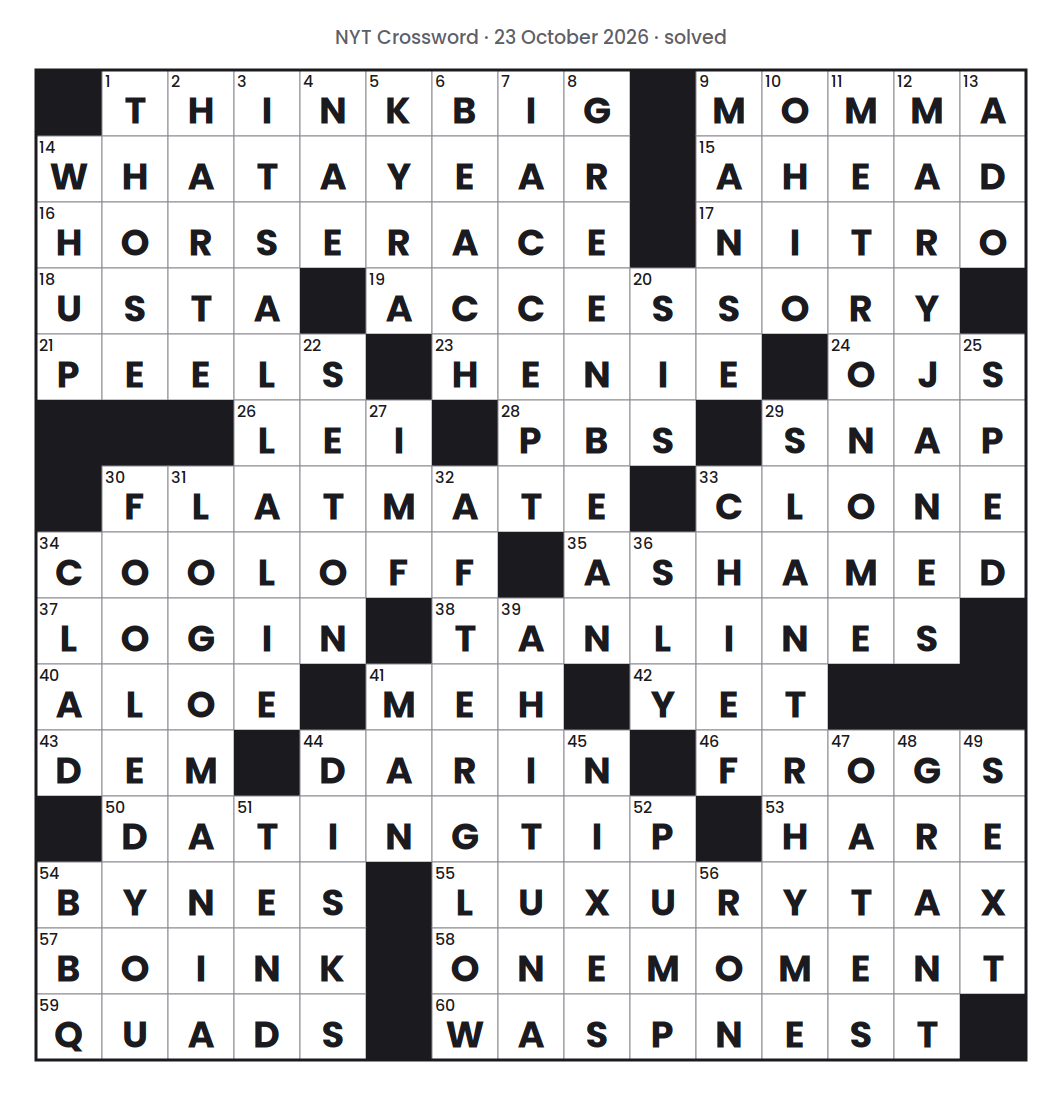 Solved NYT Crossword puzzle grid for 23 October 2026, with every answer filled in.