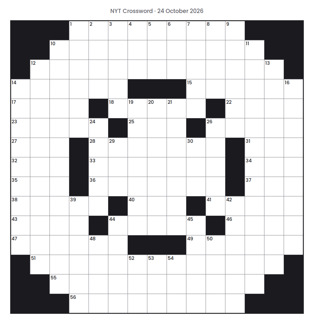 Empty NYT Crossword puzzle grid for 24 October 2026, 15 squares wide and 15 squares high, with answer numbers in their squares and no letters.