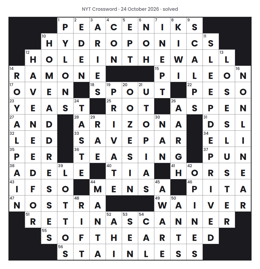 Solved NYT Crossword puzzle grid for 24 October 2026, with every answer filled in.