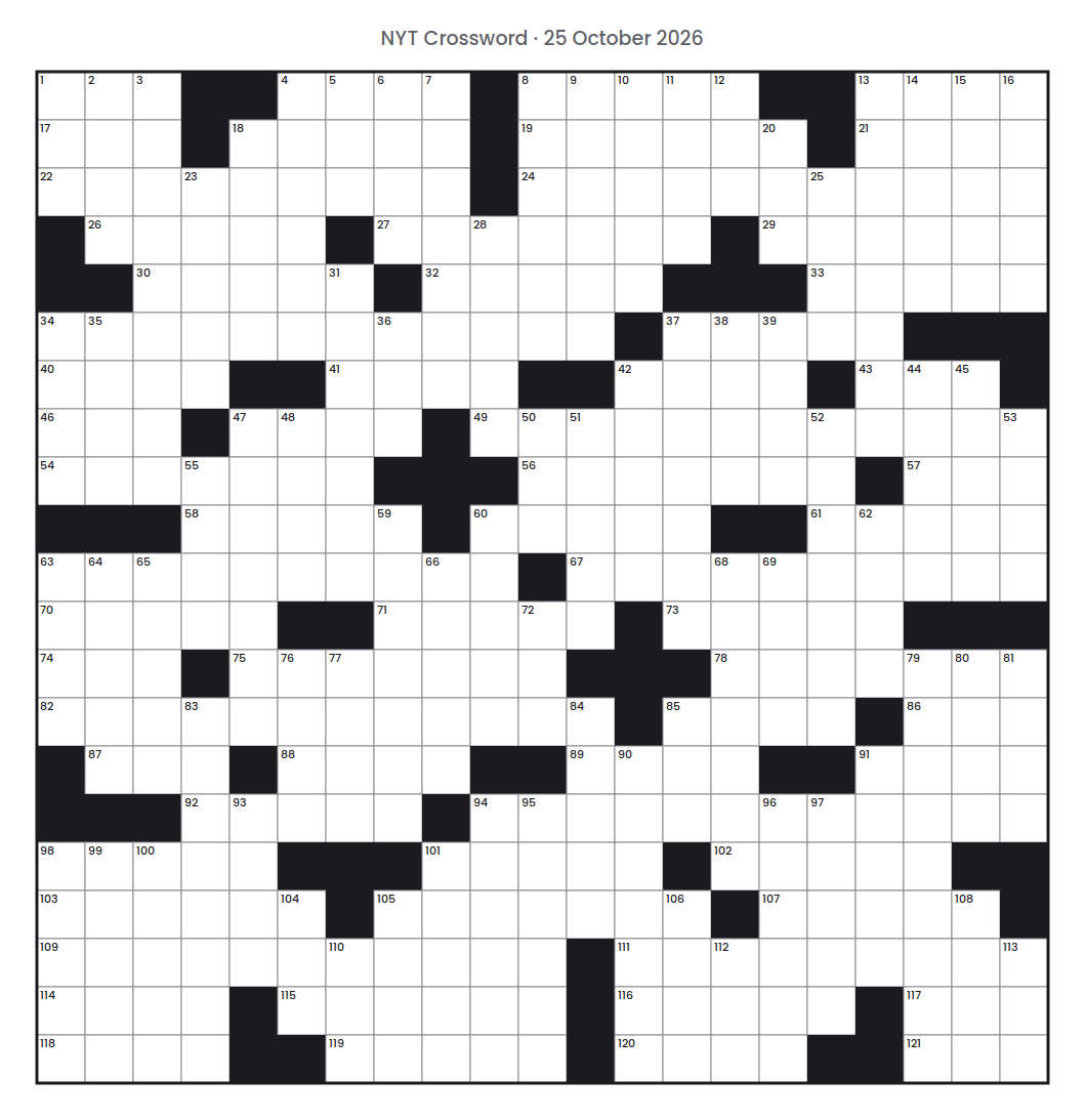 Empty NYT Crossword puzzle grid for 25 October 2026, 21 squares wide and 21 squares high, with answer numbers in their squares and no letters.