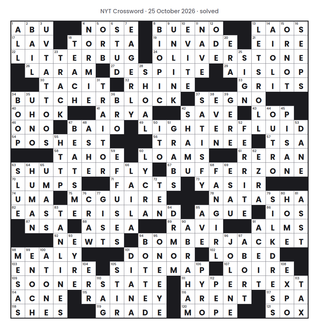 Solved NYT Crossword puzzle grid for 25 October 2026, with every answer filled in.