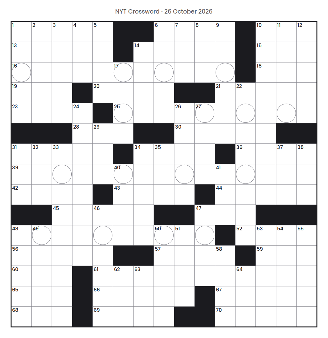 Empty NYT Crossword puzzle grid for 26 October 2026, 15 squares wide and 15 squares high, with answer numbers in their squares and no letters.