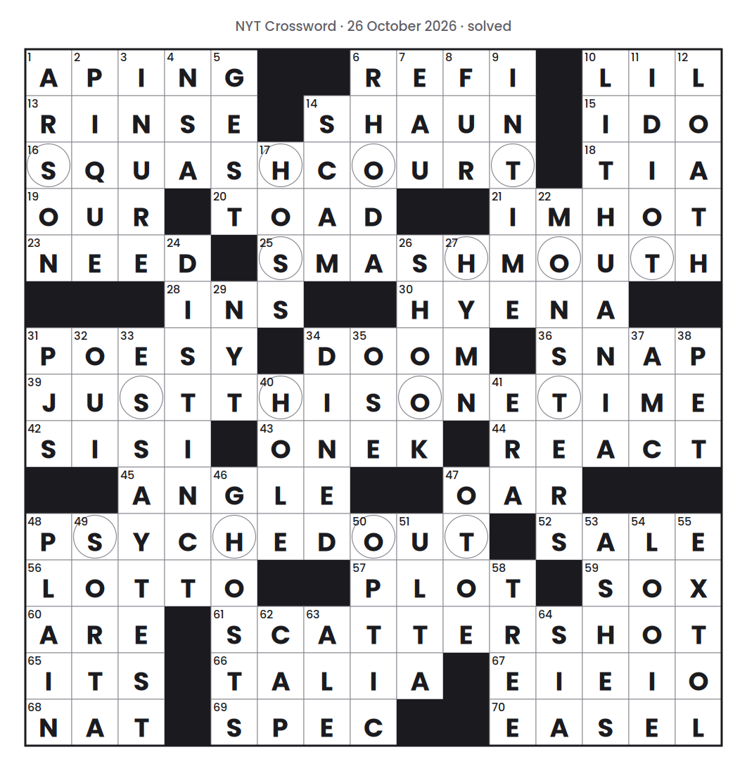 Solved NYT Crossword puzzle grid for 26 October 2026, with every answer filled in.