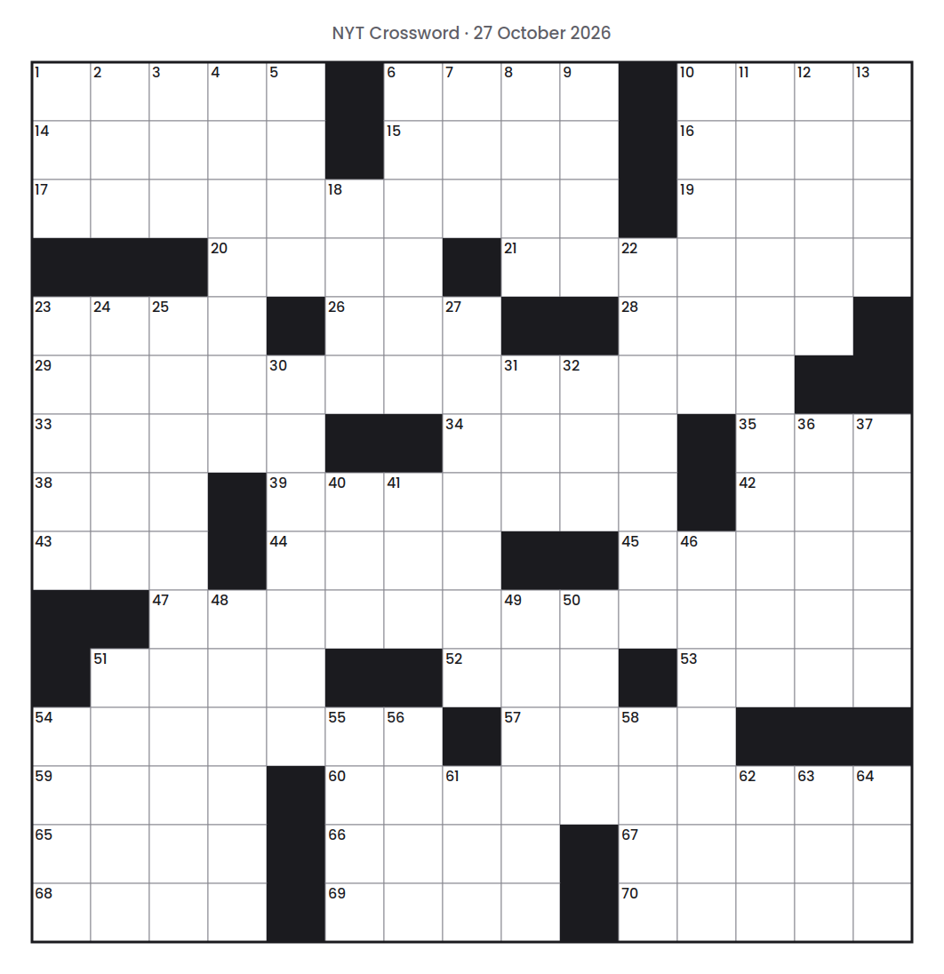 Empty NYT Crossword puzzle grid for 27 October 2026, 15 squares wide and 15 squares high, with answer numbers in their squares and no letters.