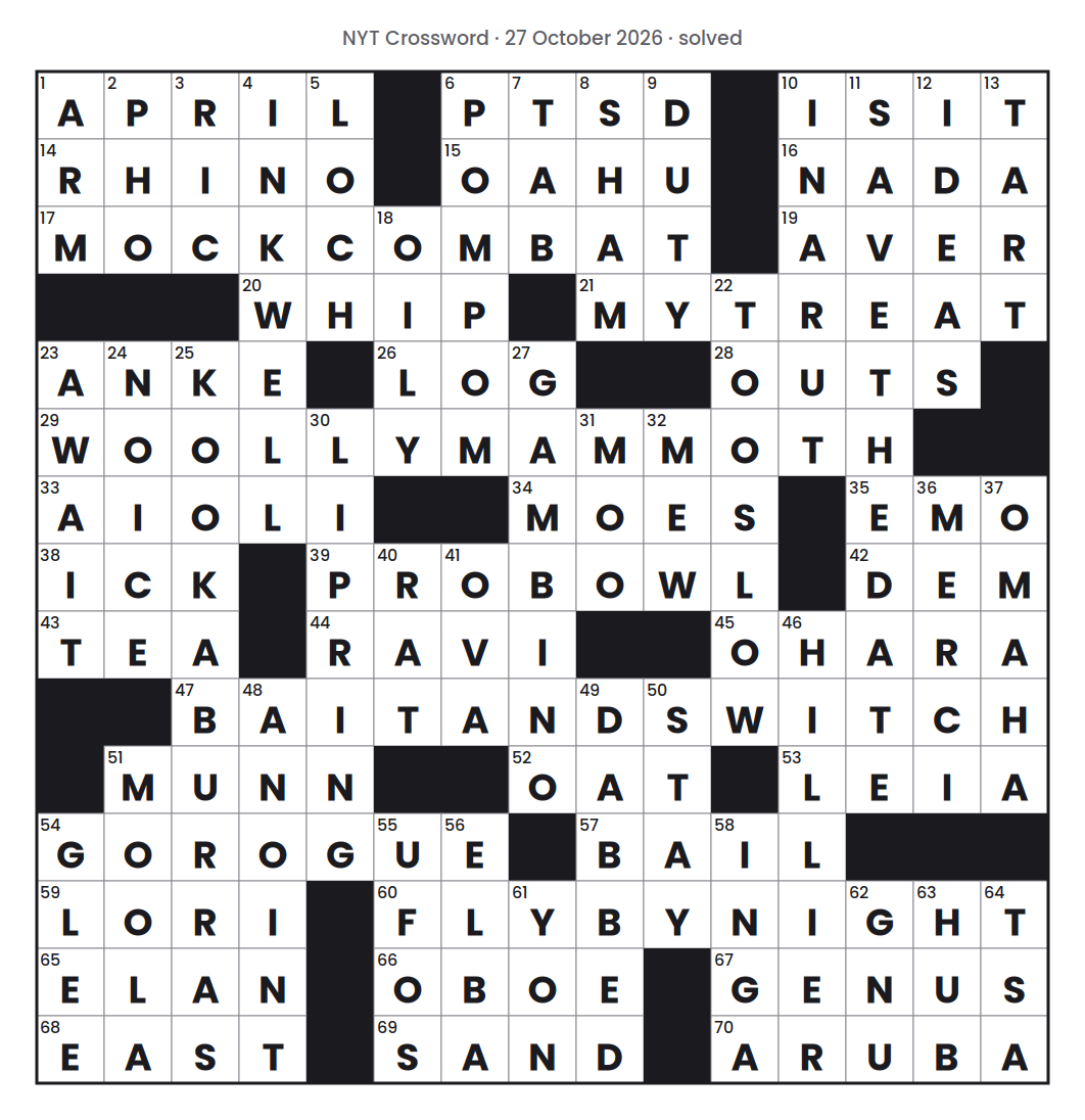 Solved NYT Crossword puzzle grid for 27 October 2026, with every answer filled in.