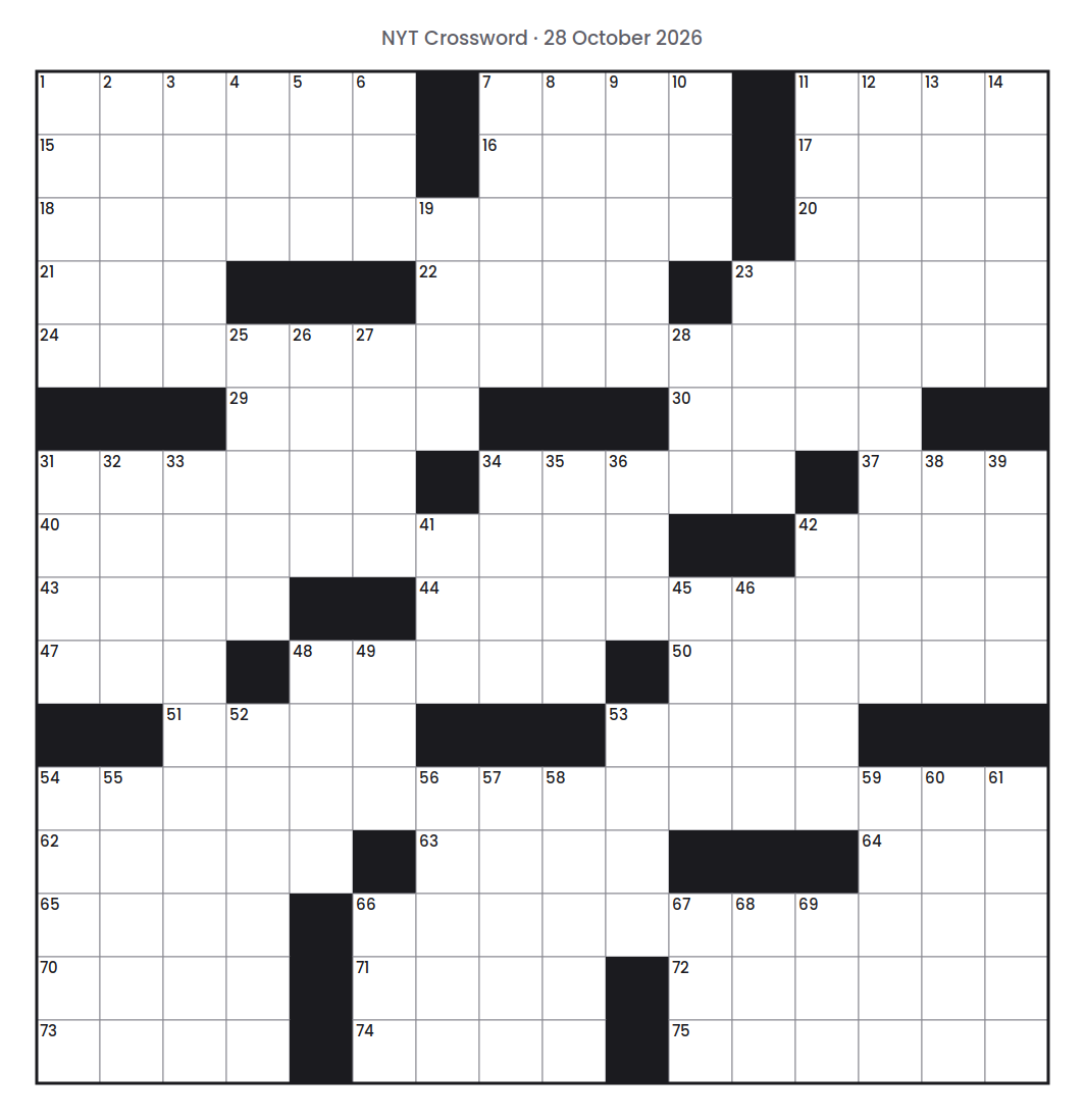 Empty NYT Crossword puzzle grid for 28 October 2026, 16 squares wide and 16 squares high, with answer numbers in their squares and no letters.