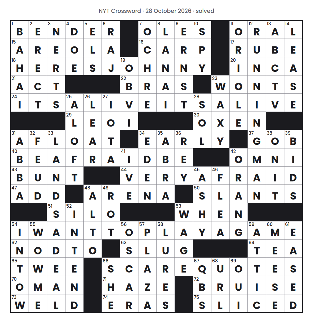 Solved NYT Crossword puzzle grid for 28 October 2026, with every answer filled in.