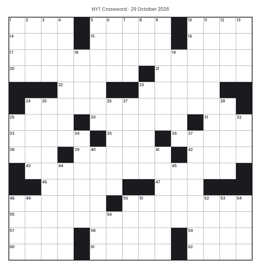 Empty NYT Crossword puzzle grid for 29 October 2026, 15 squares wide and 15 squares high, with answer numbers in their squares and no letters.