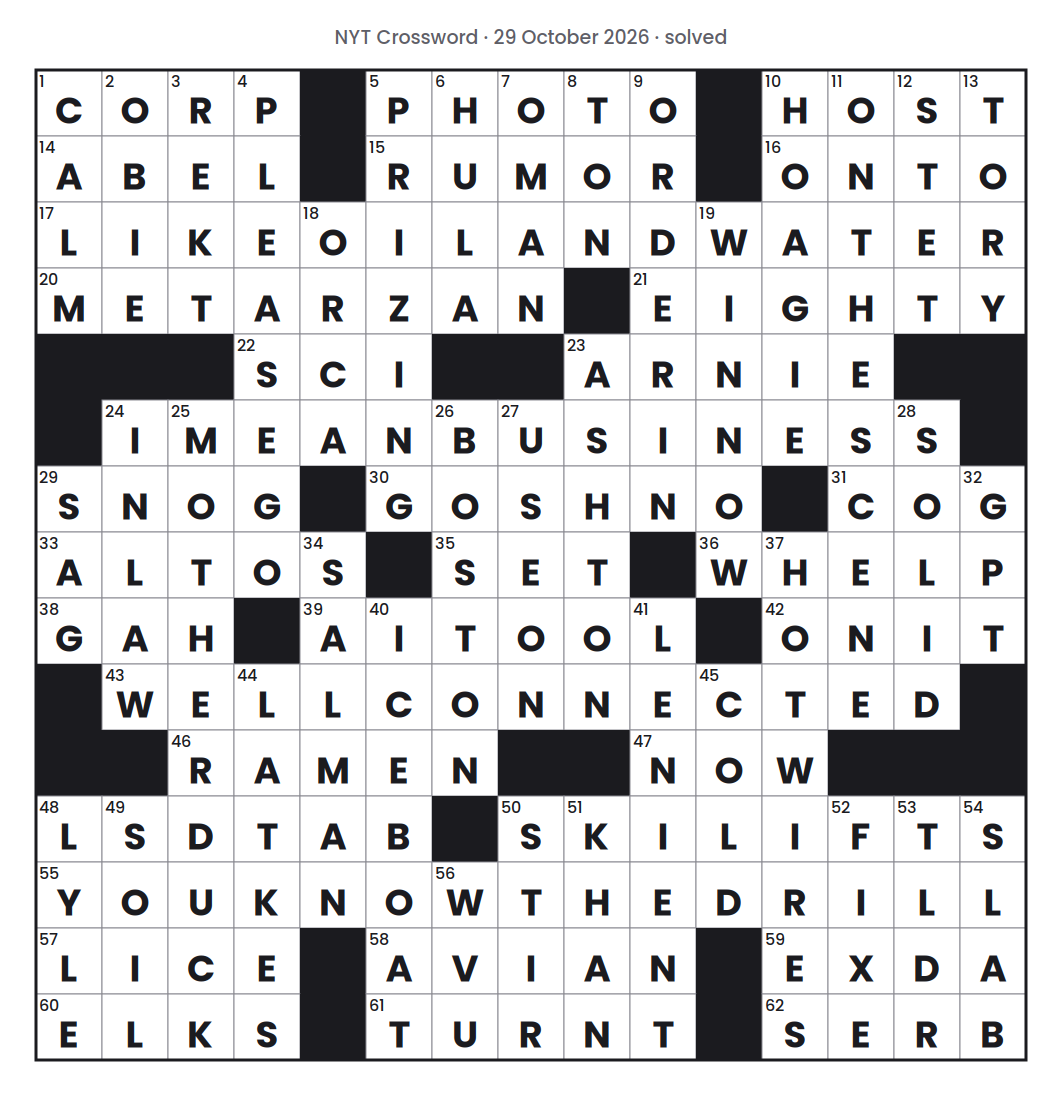 Solved NYT Crossword puzzle grid for 29 October 2026, with every answer filled in.
