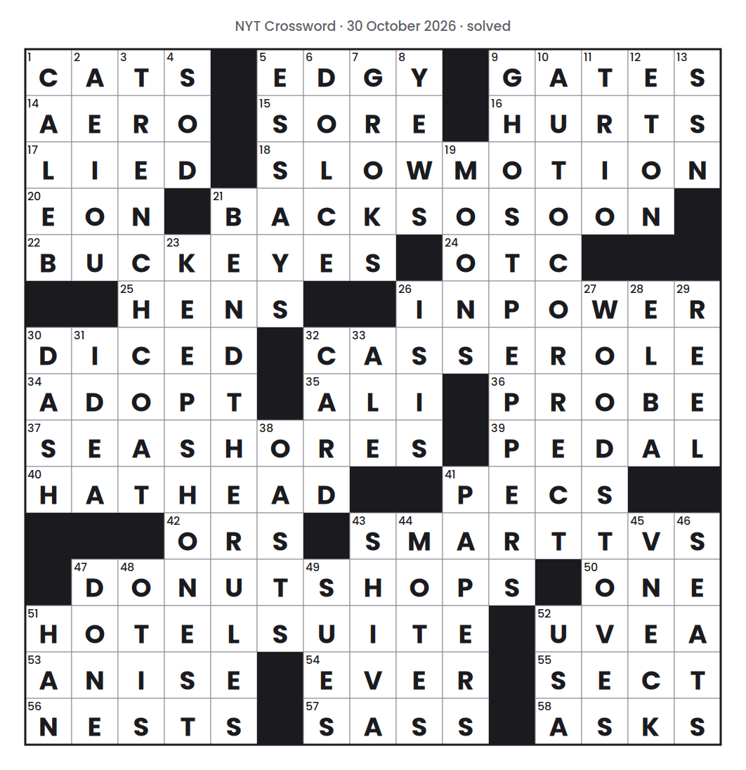Solved NYT Crossword puzzle grid for 30 October 2026, with every answer filled in.