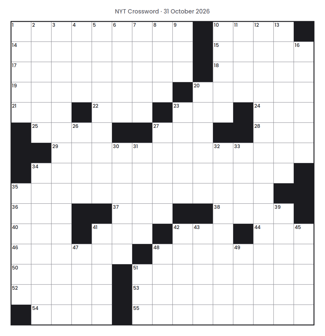 Empty NYT Crossword puzzle grid for 31 October 2026, 15 squares wide and 15 squares high, with answer numbers in their squares and no letters.