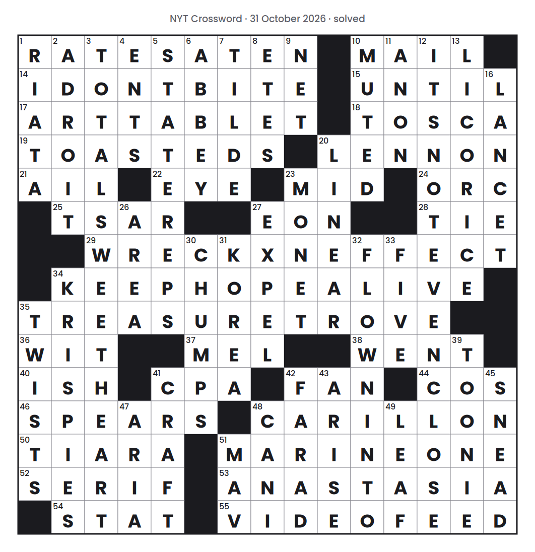 Solved NYT Crossword puzzle grid for 31 October 2026, with every answer filled in.