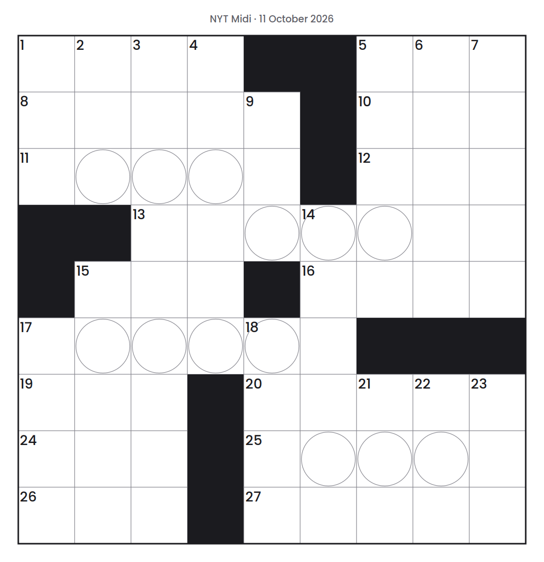 Empty NYT Midi puzzle grid for 11 October 2026, 9 squares wide and 9 squares high, with answer numbers in their squares and no letters.