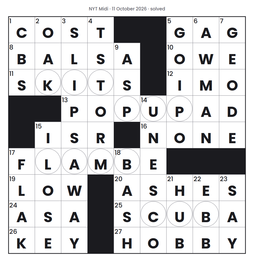 Solved NYT Midi puzzle grid for 11 October 2026, with every answer filled in.