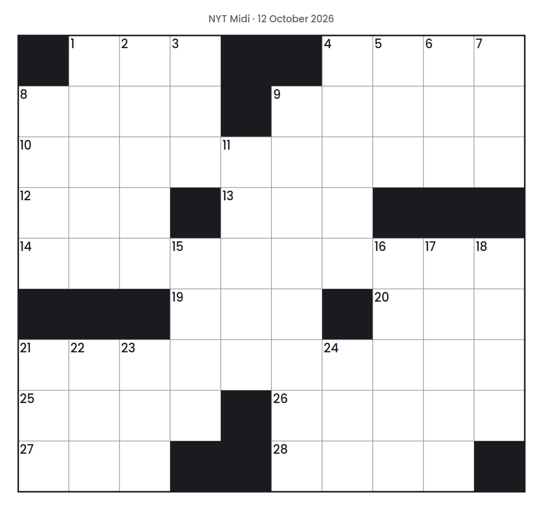 Empty NYT Midi puzzle grid for 12 October 2026, 10 squares wide and 9 squares high, with answer numbers in their squares and no letters.
