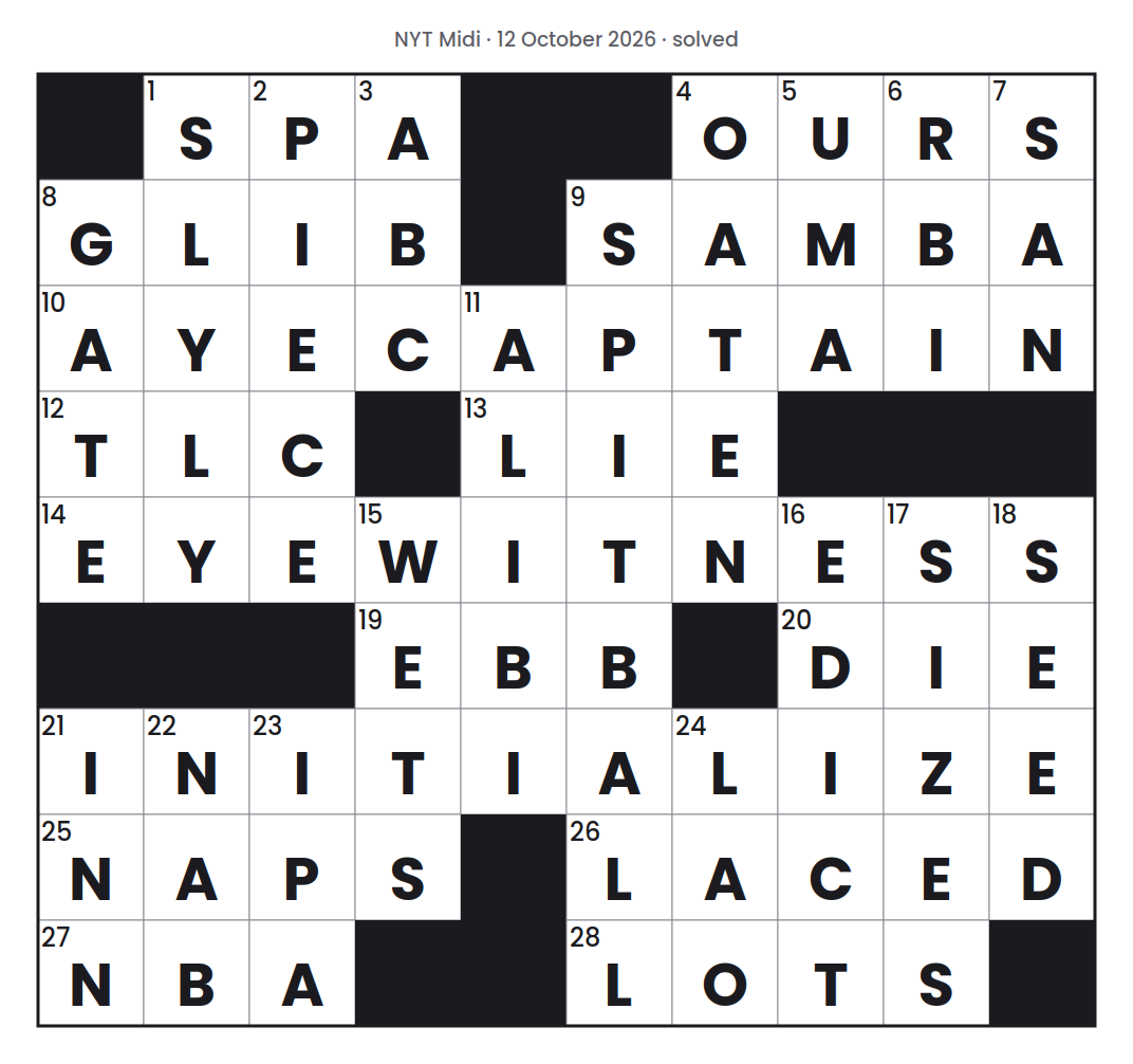Solved NYT Midi puzzle grid for 12 October 2026, with every answer filled in.
