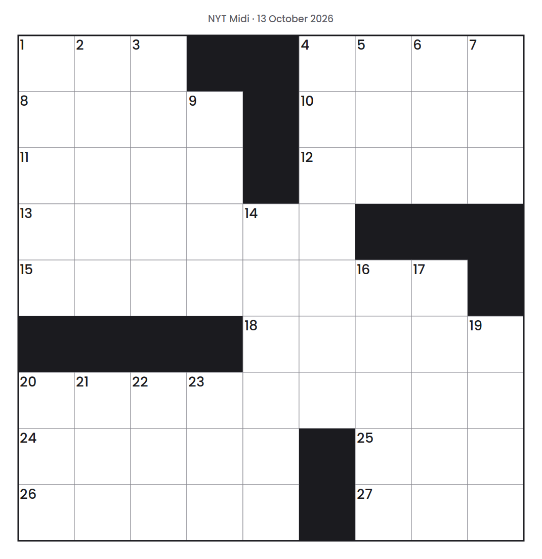 Empty NYT Midi puzzle grid for 13 October 2026, 9 squares wide and 9 squares high, with answer numbers in their squares and no letters.