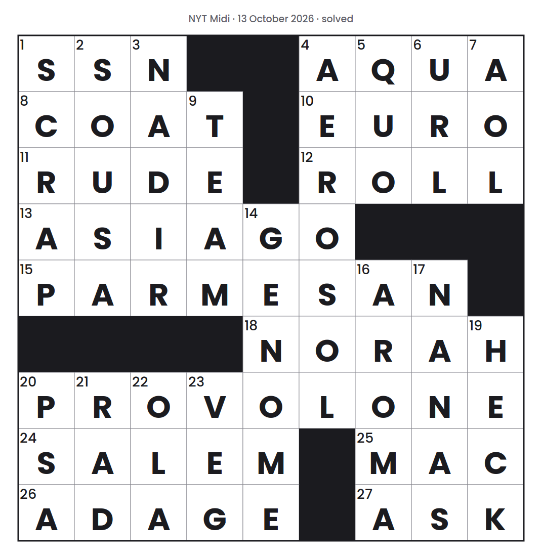 Solved NYT Midi puzzle grid for 13 October 2026, with every answer filled in.