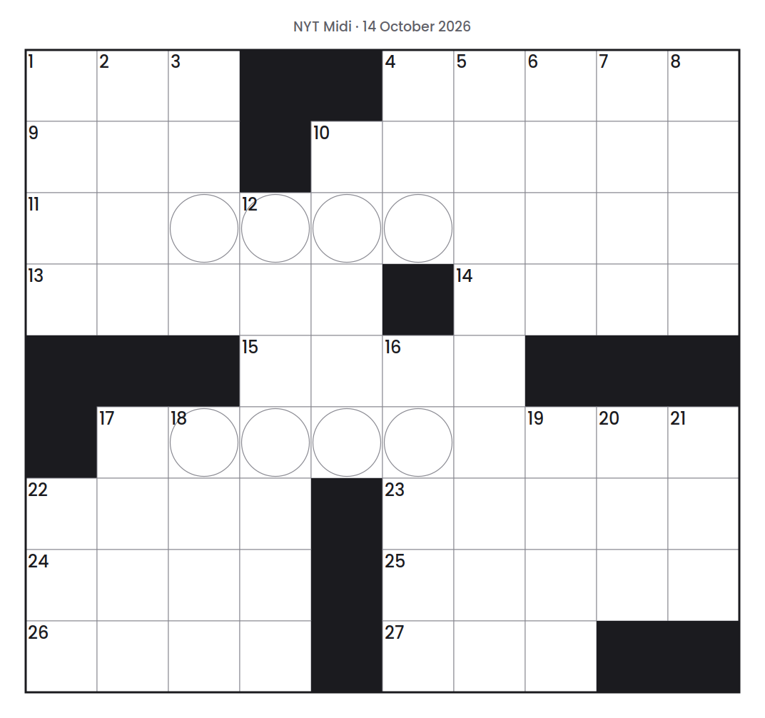 Empty NYT Midi puzzle grid for 14 October 2026, 10 squares wide and 9 squares high, with answer numbers in their squares and no letters.