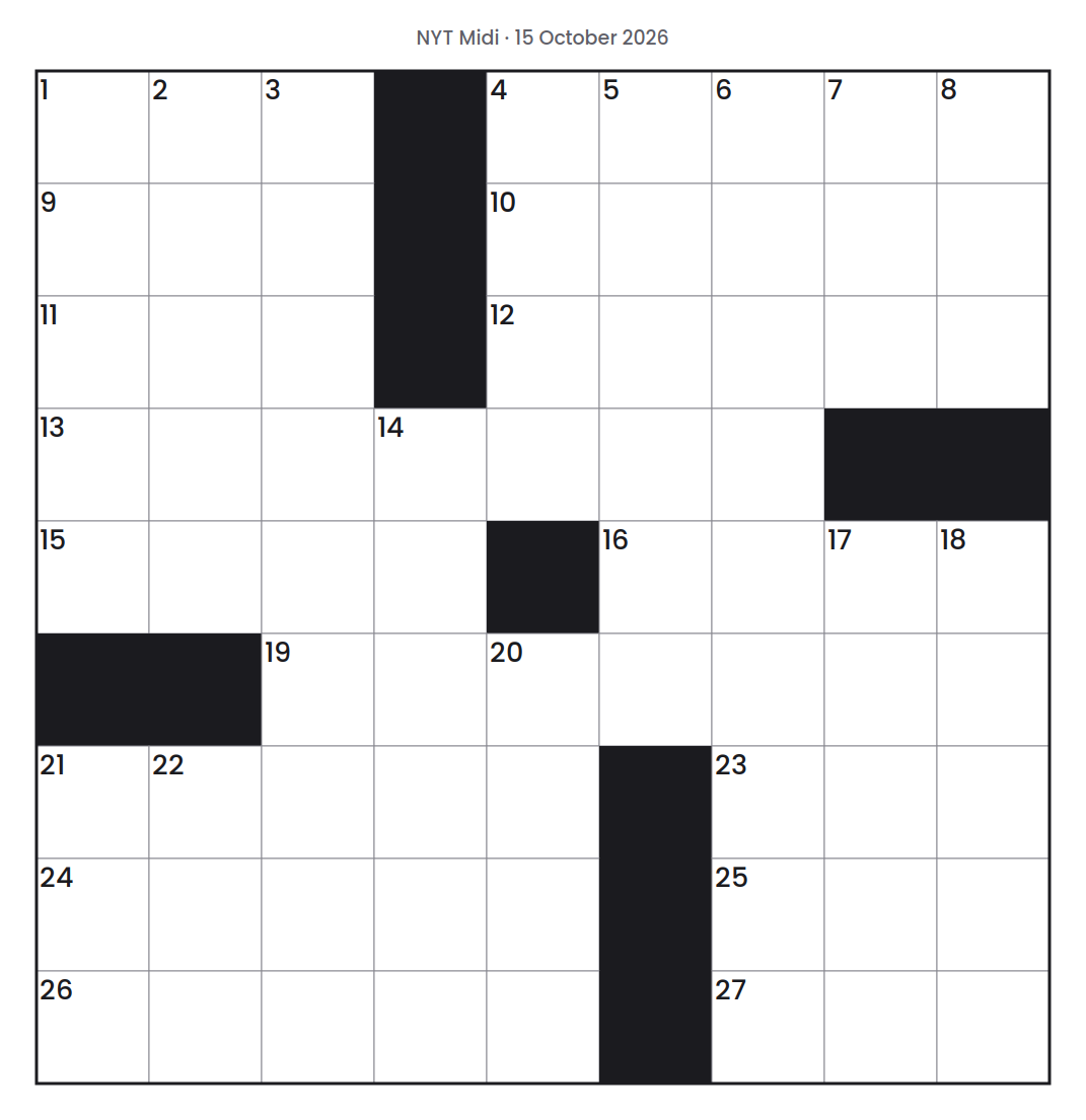Empty NYT Midi puzzle grid for 15 October 2026, 9 squares wide and 9 squares high, with answer numbers in their squares and no letters.
