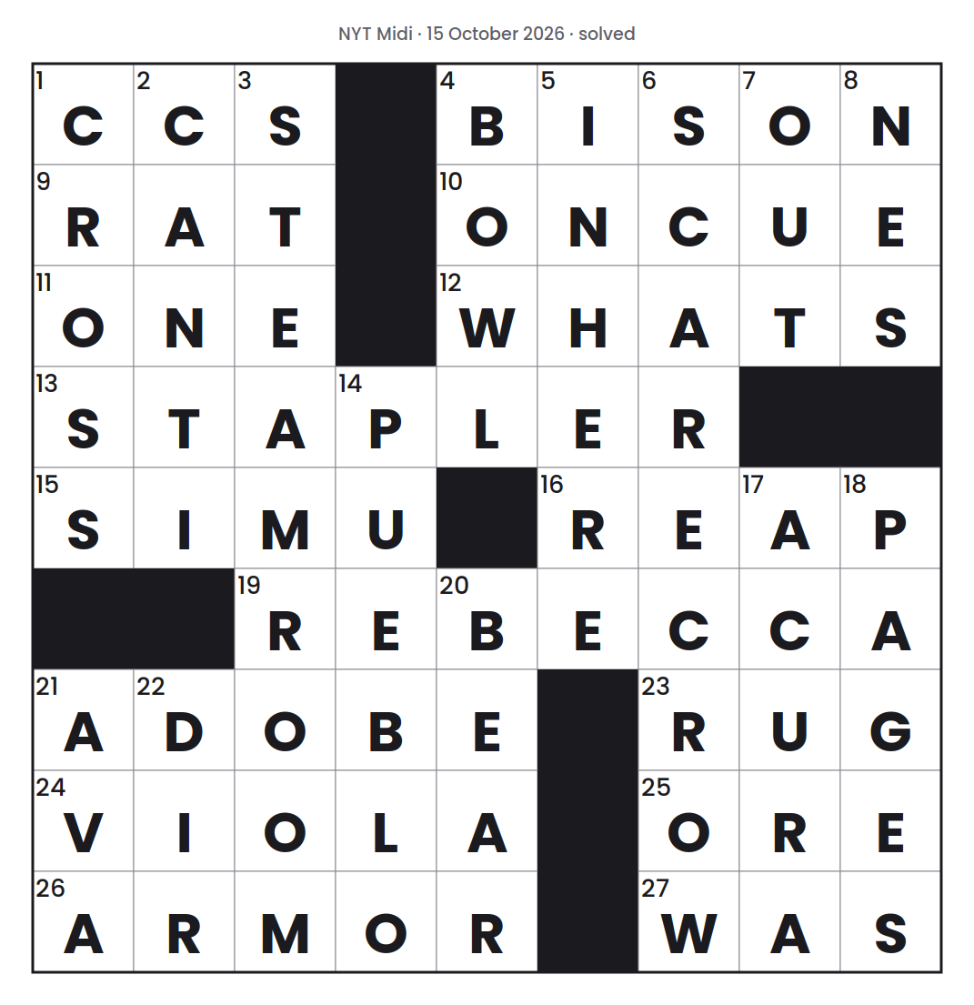 Solved NYT Midi puzzle grid for 15 October 2026, with every answer filled in.