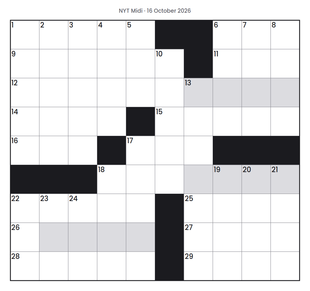 Empty NYT Midi puzzle grid for 16 October 2026, 10 squares wide and 9 squares high, with answer numbers in their squares and no letters.