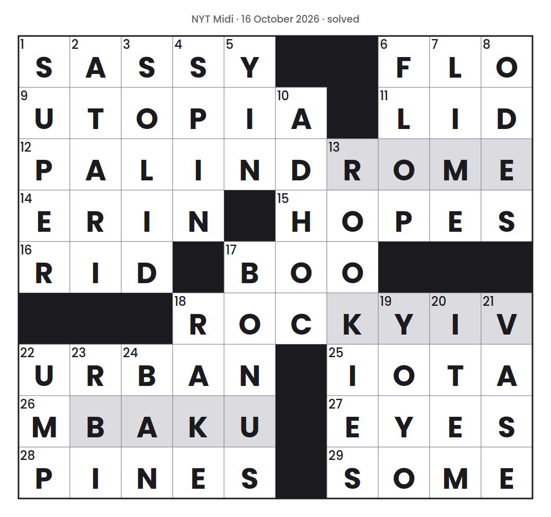 Solved NYT Midi puzzle grid for 16 October 2026, with every answer filled in.