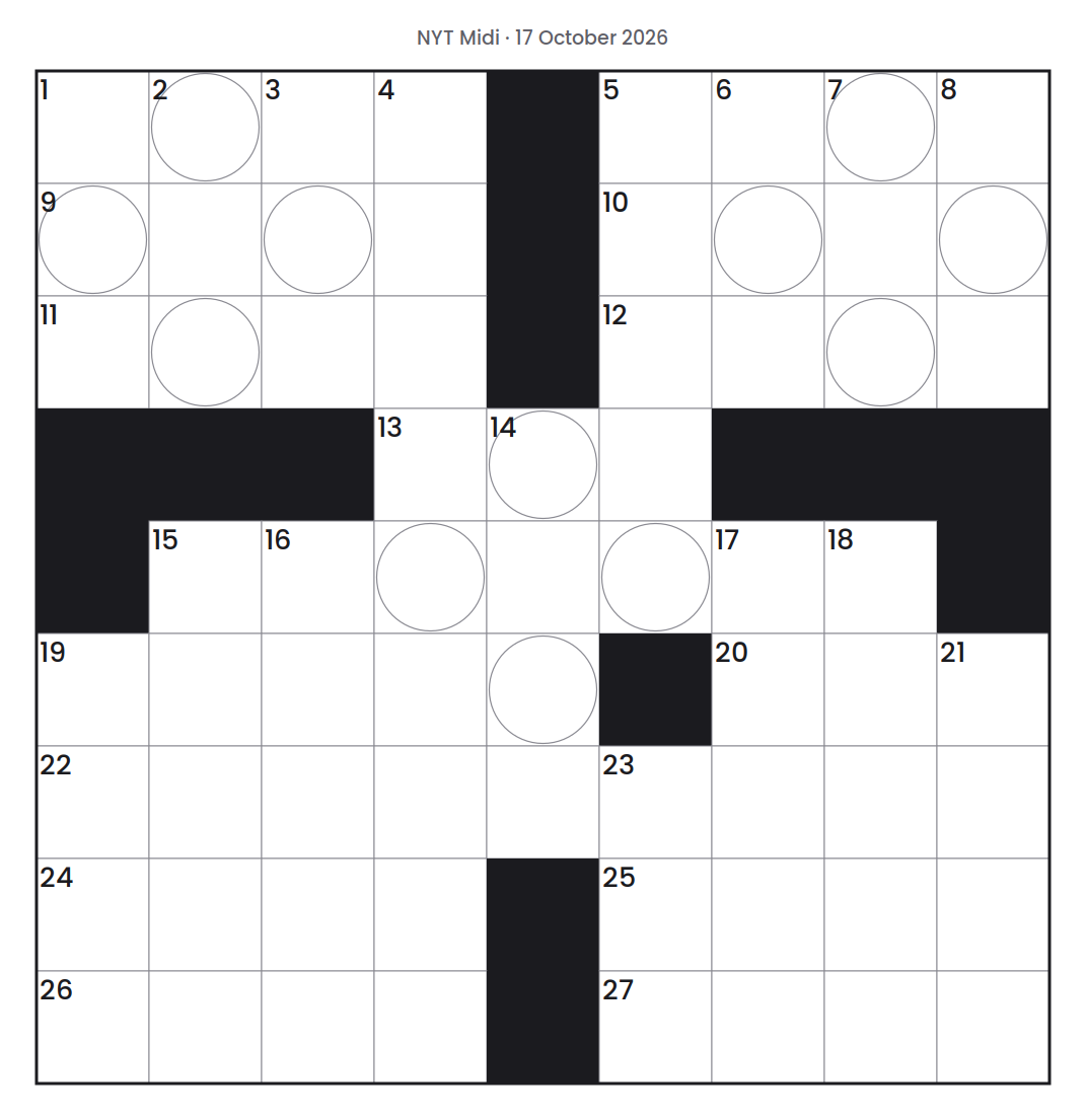 Empty NYT Midi puzzle grid for 17 October 2026, 9 squares wide and 9 squares high, with answer numbers in their squares and no letters.