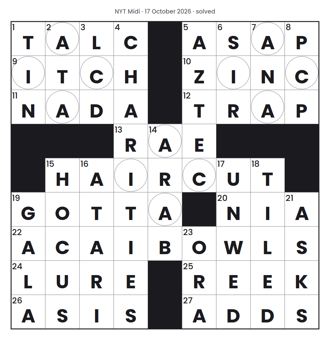 Solved NYT Midi puzzle grid for 17 October 2026, with every answer filled in.