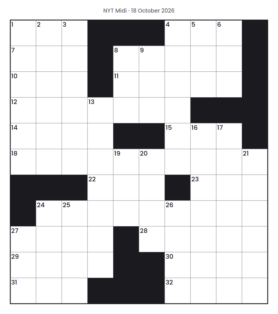 Empty NYT Midi puzzle grid for 18 October 2026, 10 squares wide and 11 squares high, with answer numbers in their squares and no letters.
